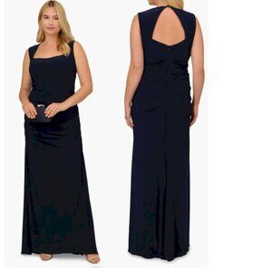 Adrianna Papell Ruched Navy Open Back Jersey Gown Women's Size 24W New NWT